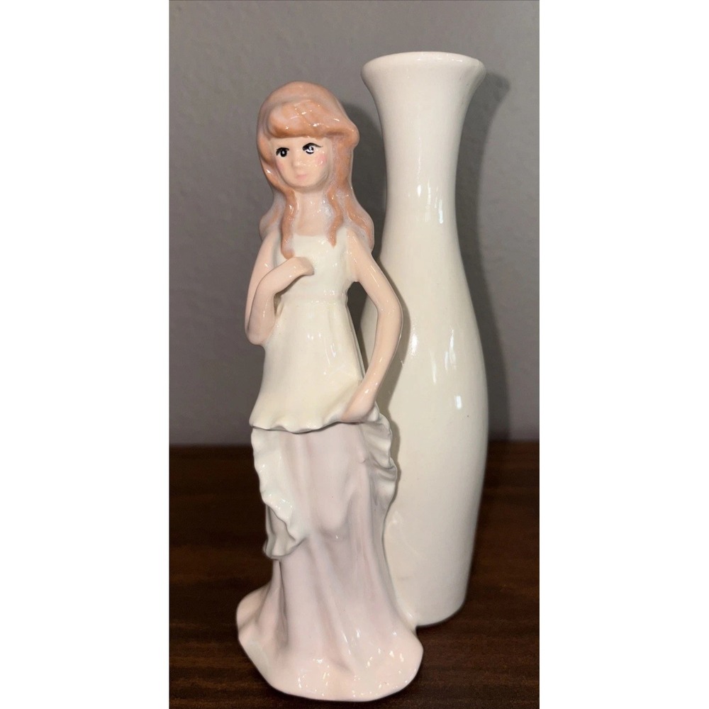 Woman In Pink and White Dress with Vase Figurine